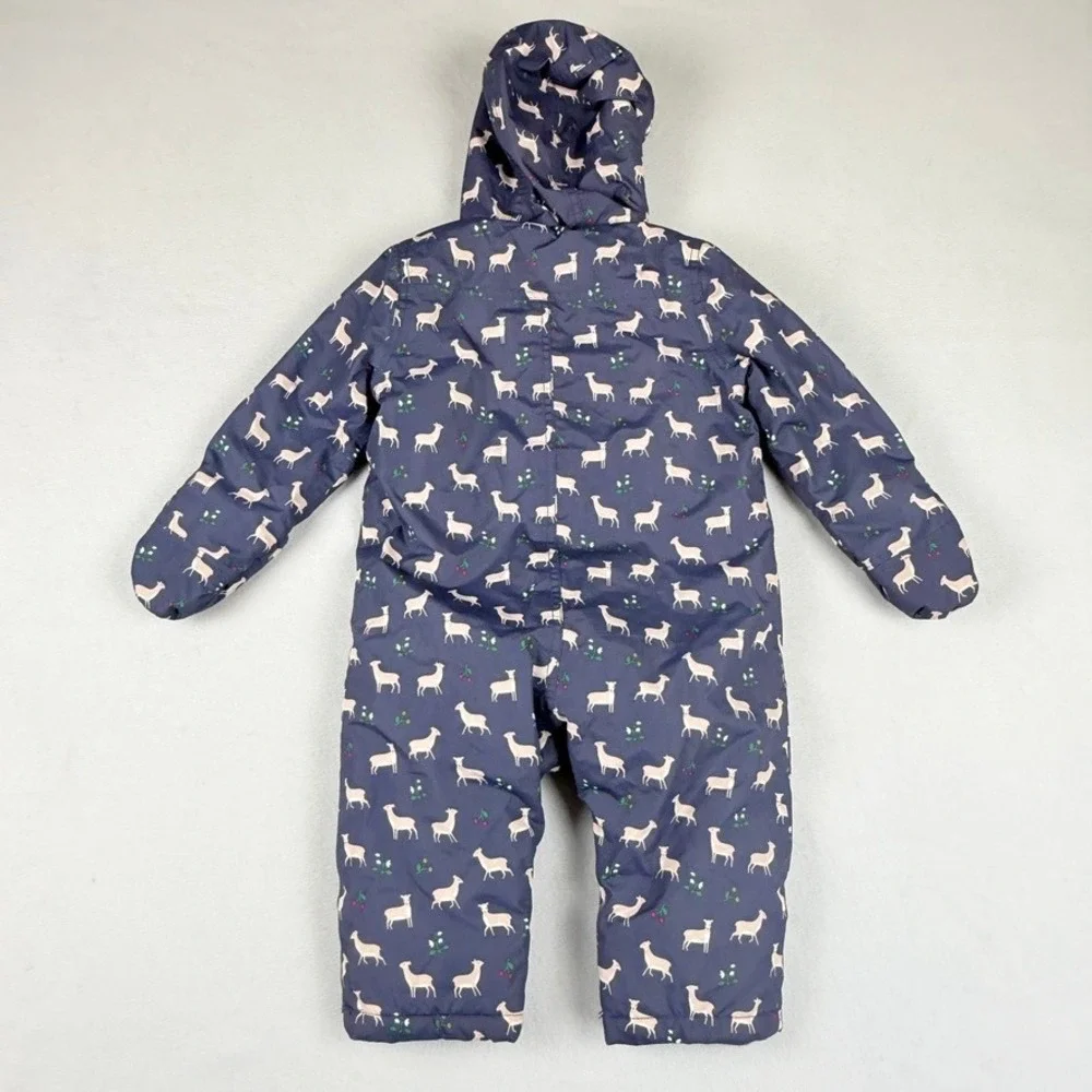 Baby‎ Boden Snowsuit Kids 12-18 Mos Navy Blue Deer Print Fleece Lined Bunting